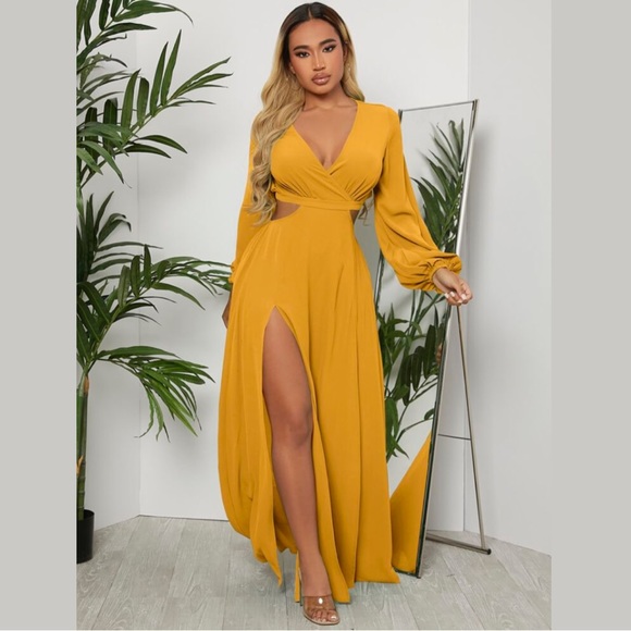 Dresses & Skirts - NWOT Surplice Neck Split Thigh Cutout Dress in mustard yellow size xs